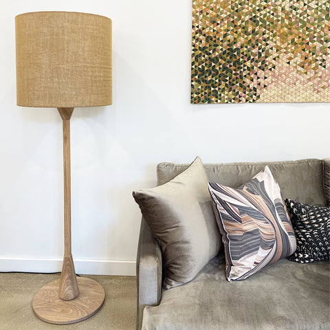 FLOOR LAMP // TOTE, Oak + ROSE/Gold shade